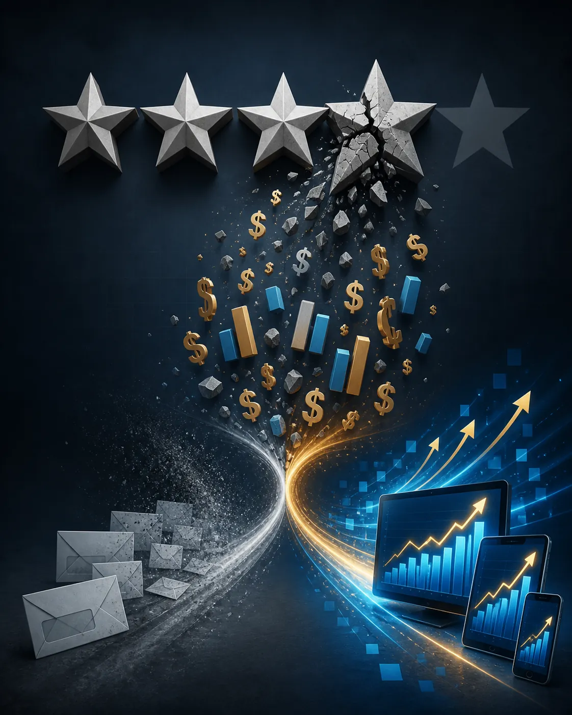 Cracked 4-star rating icon breaking into dollar signs, declining bar charts, direct mail envelopes, and digital screens