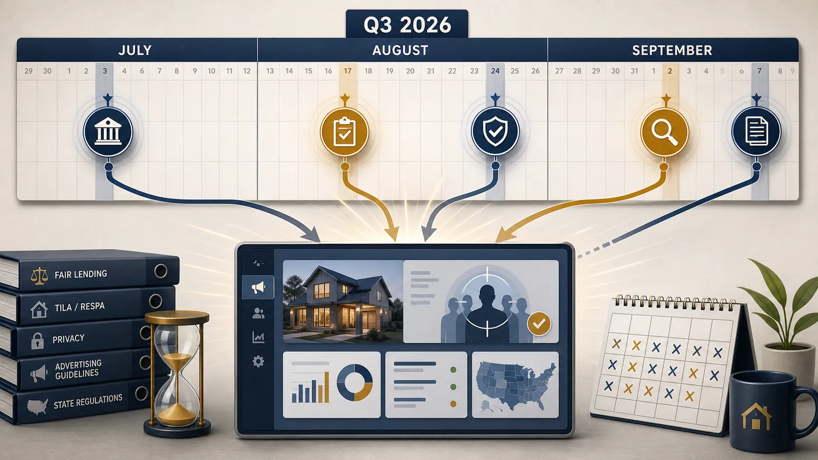 Q3 2026 compliance timeline converging on a mortgage ad campaign dashboard