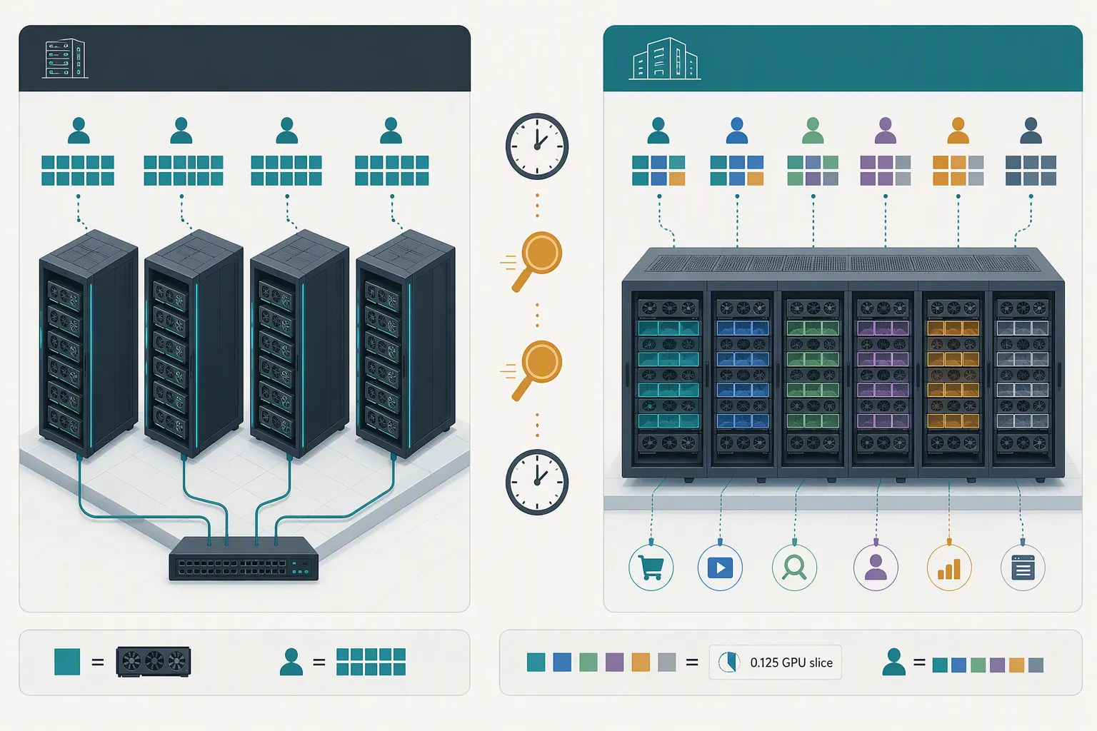 Side-by-side comparison of colocation racks and owned infrastructure splitting GPUs into fractional slices for RTB workflows