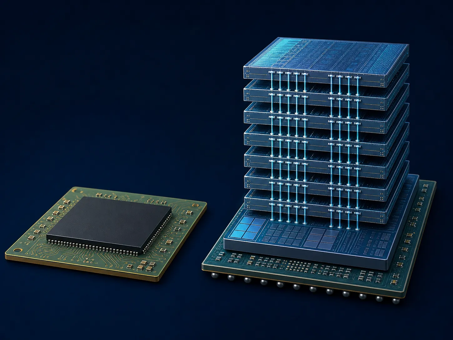 Comparison of a flat commodity DRAM chip and a taller stacked HBM memory package