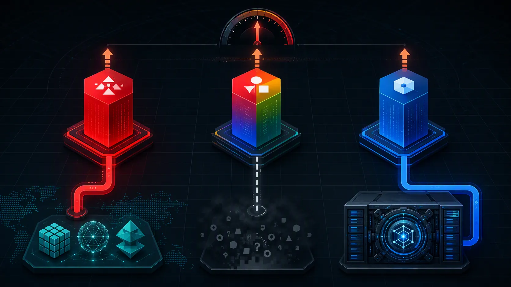 TikTok, Google, and Meta platform icons with different levels of connection to Chinese AI model infrastructure and a shared cost pressure gauge