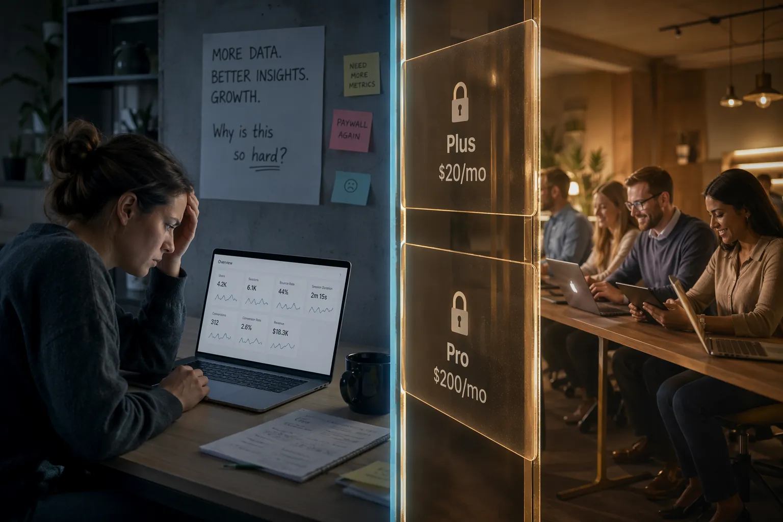 Performance marketer looking at a sparse ChatGPT Ads dashboard while premium paid users sit behind an ad-free barrier