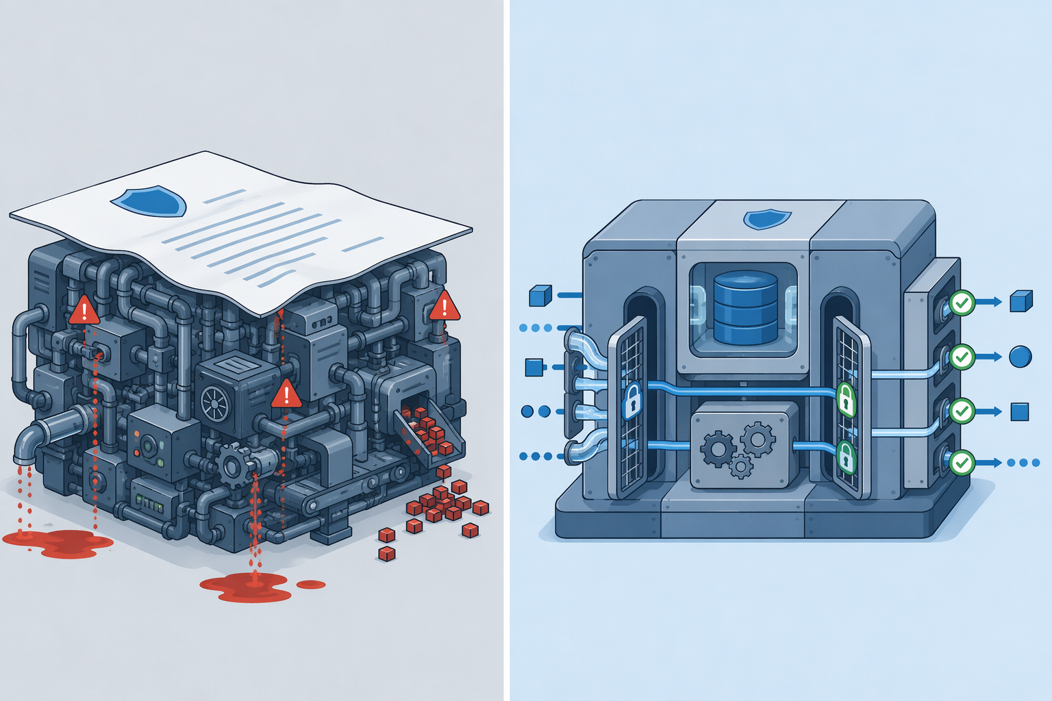 Split diagram comparing a paper policy over a leaking machine with secure barriers and permission gates built into the machine