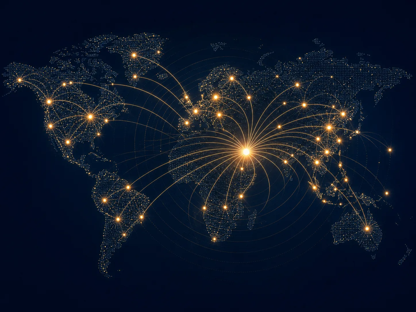 Dot-matrix world map with glowing nodes suggesting an ad product expanding across markets