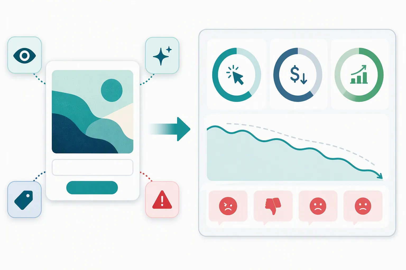 Illustration of an ad creative card tagged for visible AI, brand fit, disclosure, and cheapness cues flowing into a measurement panel