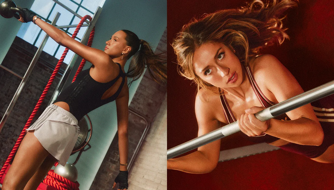 Official adidas Originals Sport campaign image featuring Tate McRae, Emilia Mernes, and Harper Murray in the women's training collection
