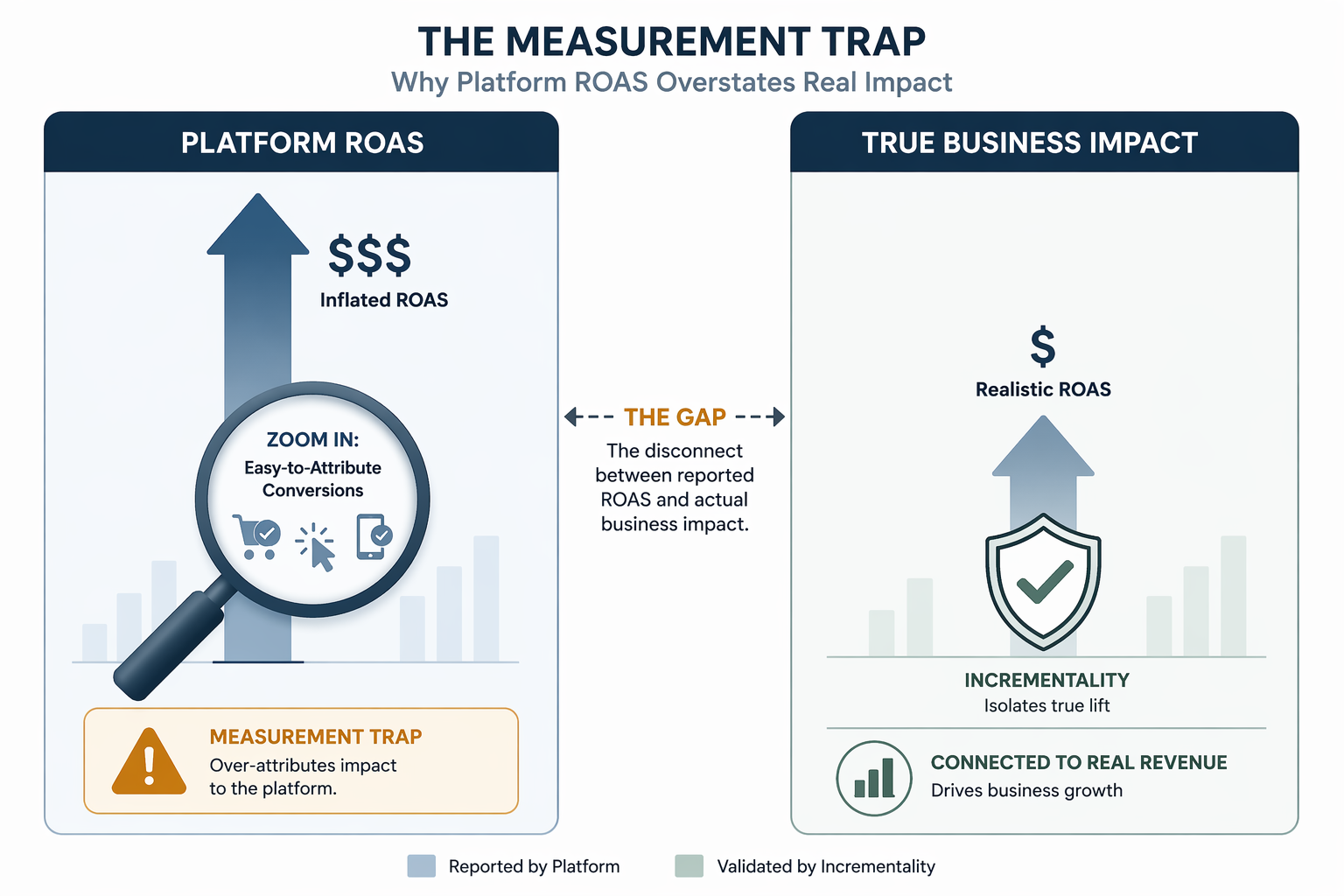 A two-column comparison diagram showing the measurement trap in AI performance marketing: left column shows Platform ROAS with an inflated arrow and magnifying glass icon, right column shows True Business Impact with a modest arrow and shield icon, with a dashed line labeled 'gap' between them.