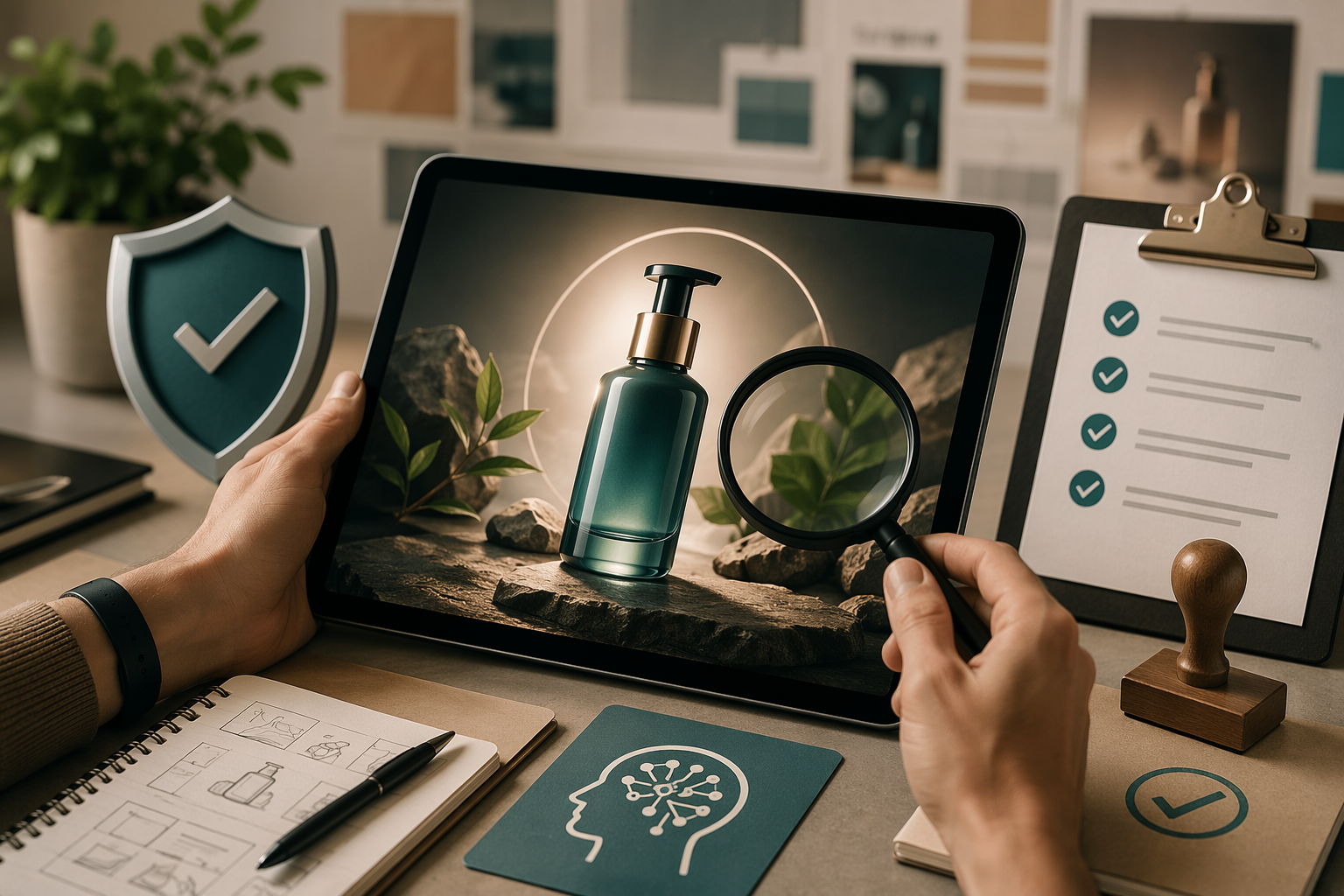 AI-generated product ad on a tablet surrounded by review and safeguard elements
