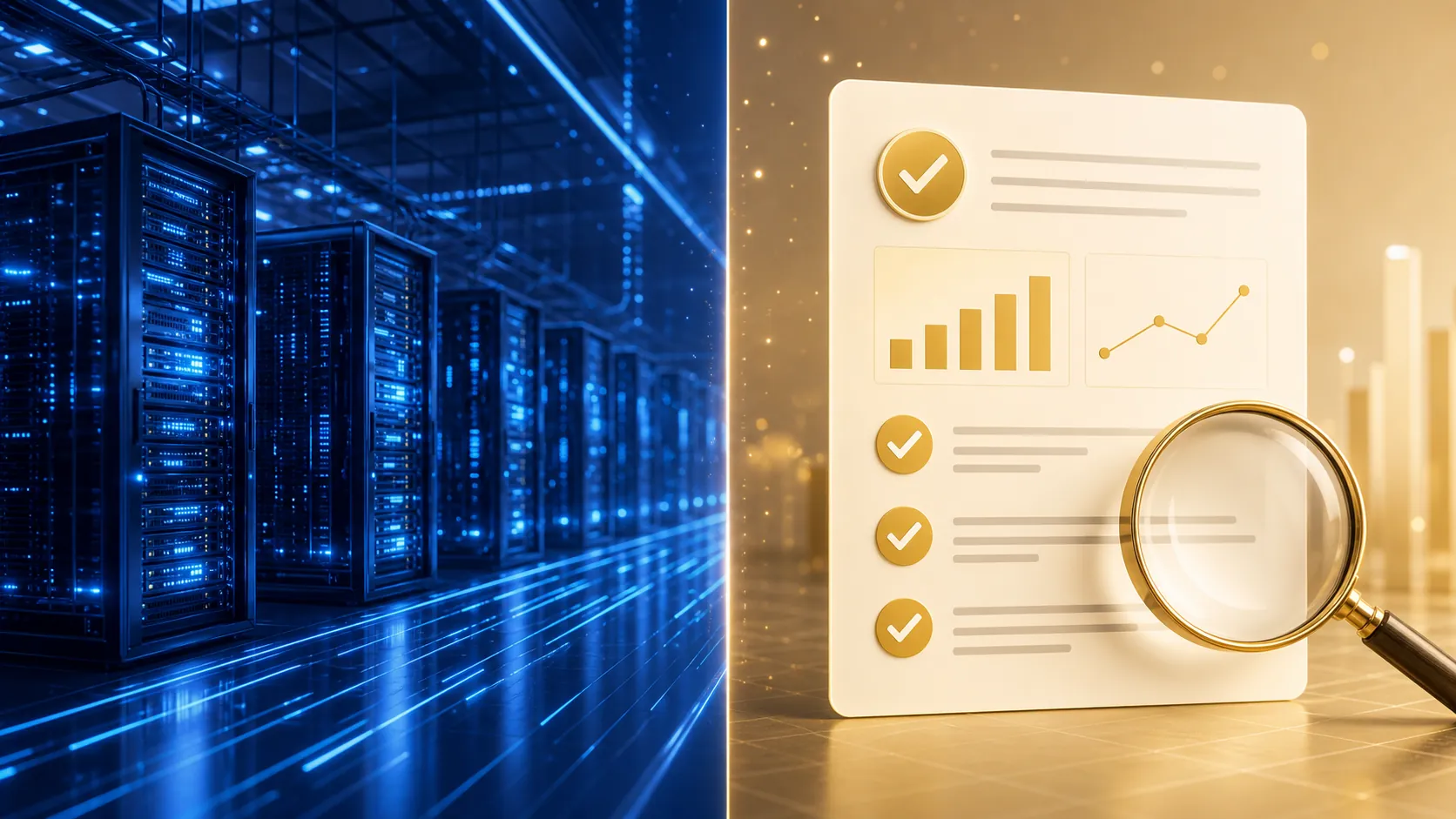 Server stacks contrasted with a verification report card for AI ad performance claims