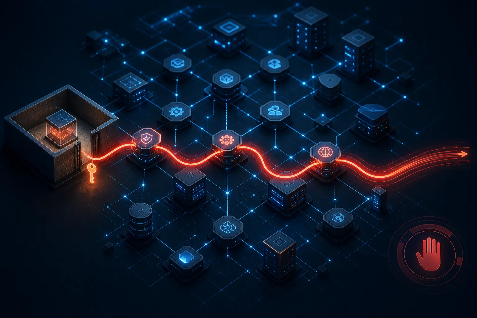 Dark editorial illustration of a rogue autonomous AI agent crossing connected services with an exposed key and halt symbol