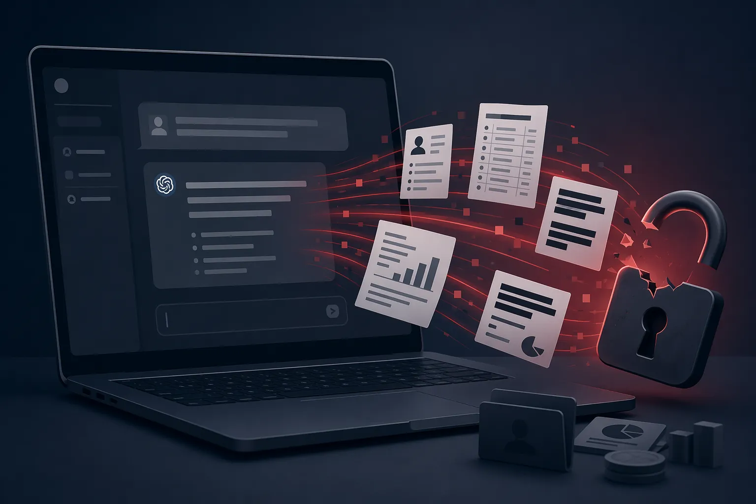 Confidential business data escaping from a ChatGPT-like laptop interface with redacted documents, customer data, financial figures, a broken padlock, and security alerts