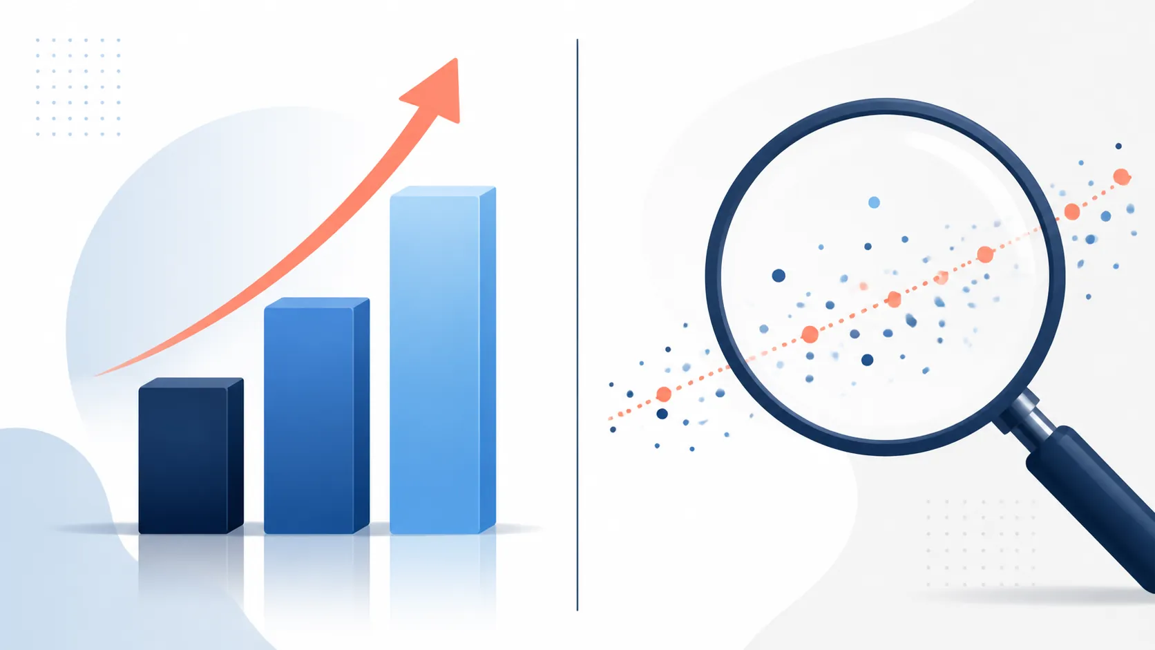 Aggregate revenue bars contrasted with fine-grained account dots under a magnifying glass