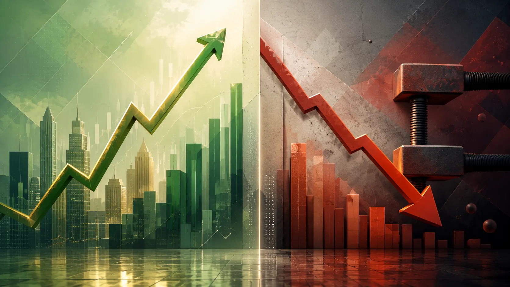 Split editorial image showing a rising stock chart beside a downward pressure arrow for advertiser margins