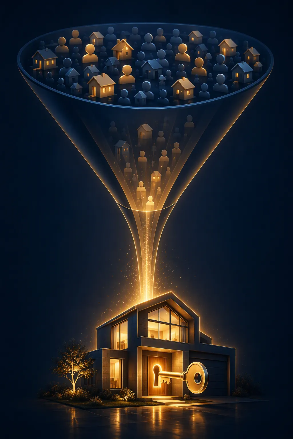 Funnel of house and person icons narrowing into a glowing house with a key