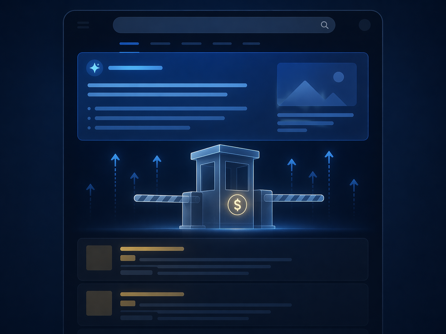 Search results page with an AI Overview panel and a toll gate symbolizing higher CPC pressure