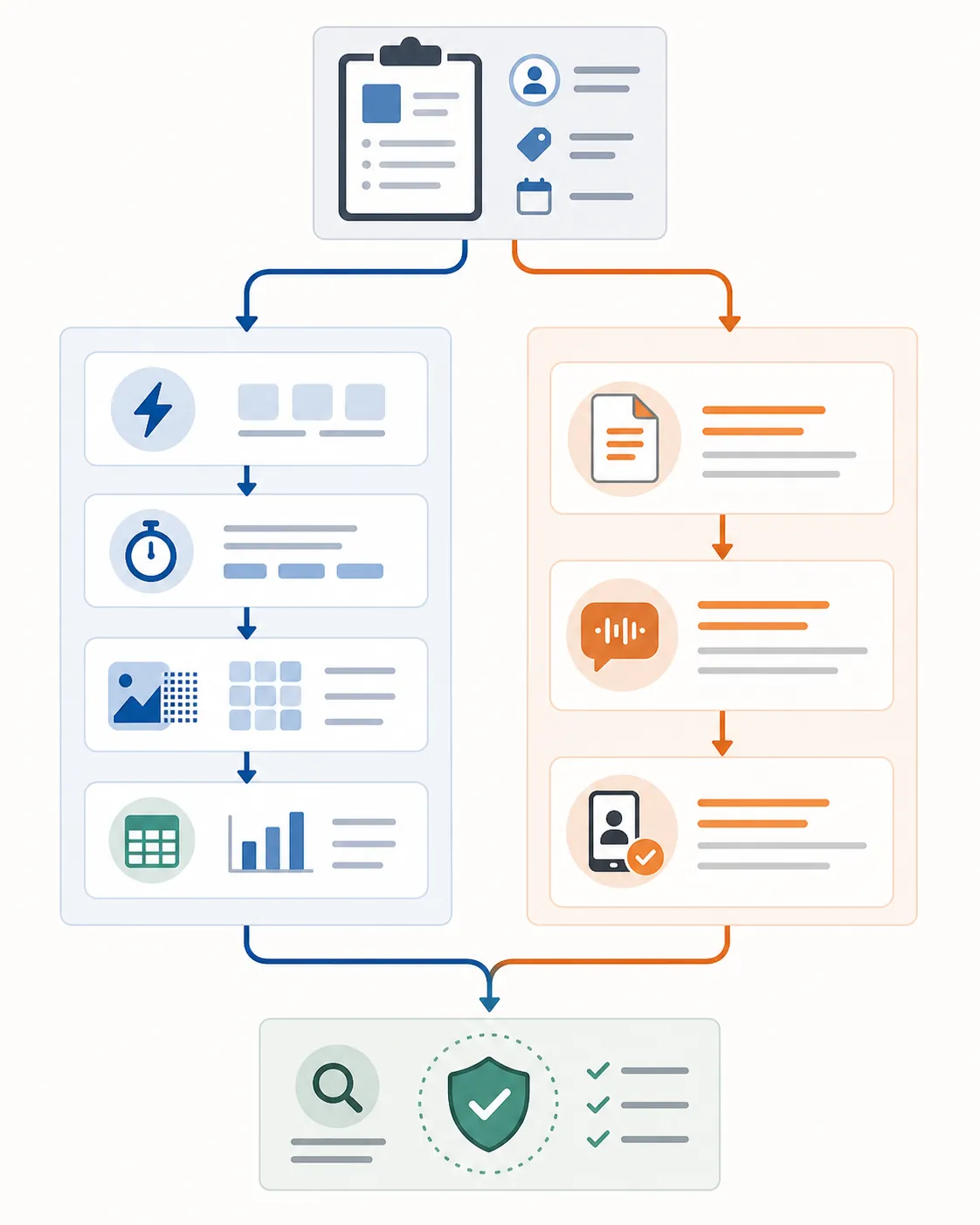 Workflow diagram routing ad creative tasks between two AI tool columns and a final QA gate