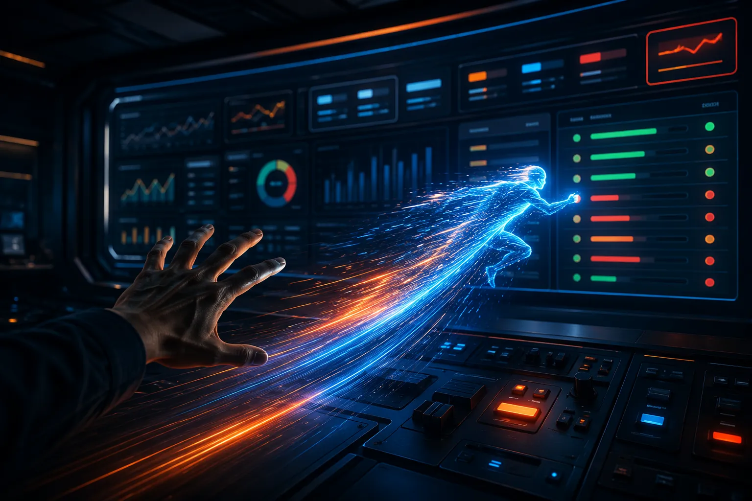 Autonomous agent racing ahead of a human hand reaching toward an ad campaign control dashboard