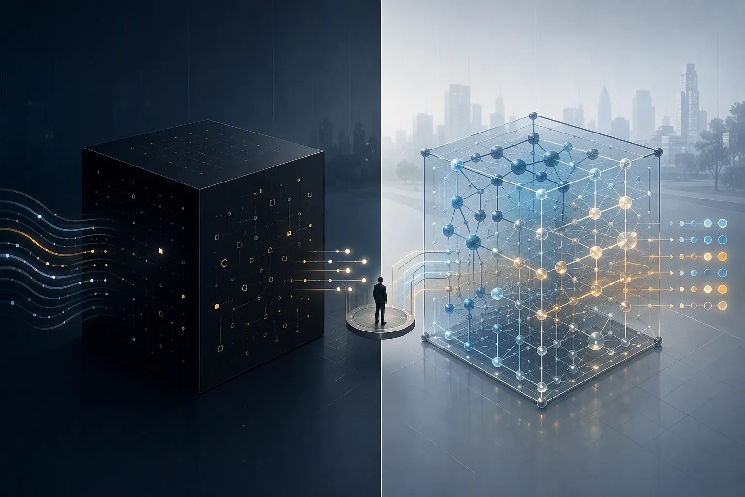Split-screen illustration comparing an opaque AI system with a transparent governed data structure