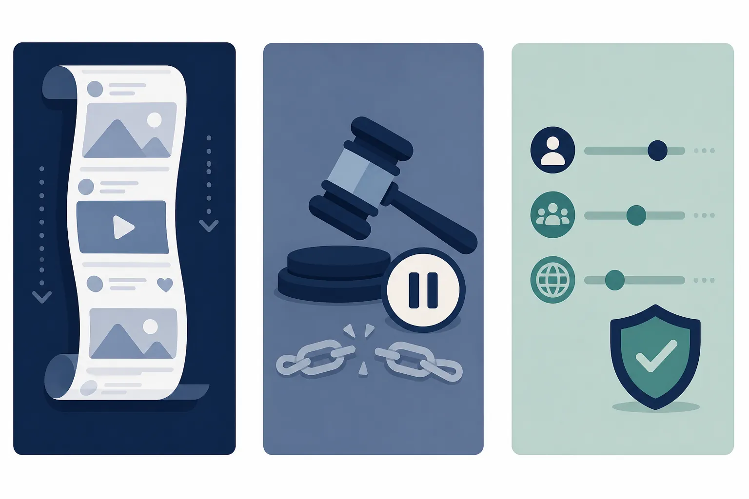 Three separate panels showing an algorithmic feed, an enjoined legal restriction, and protected ad-targeting controls