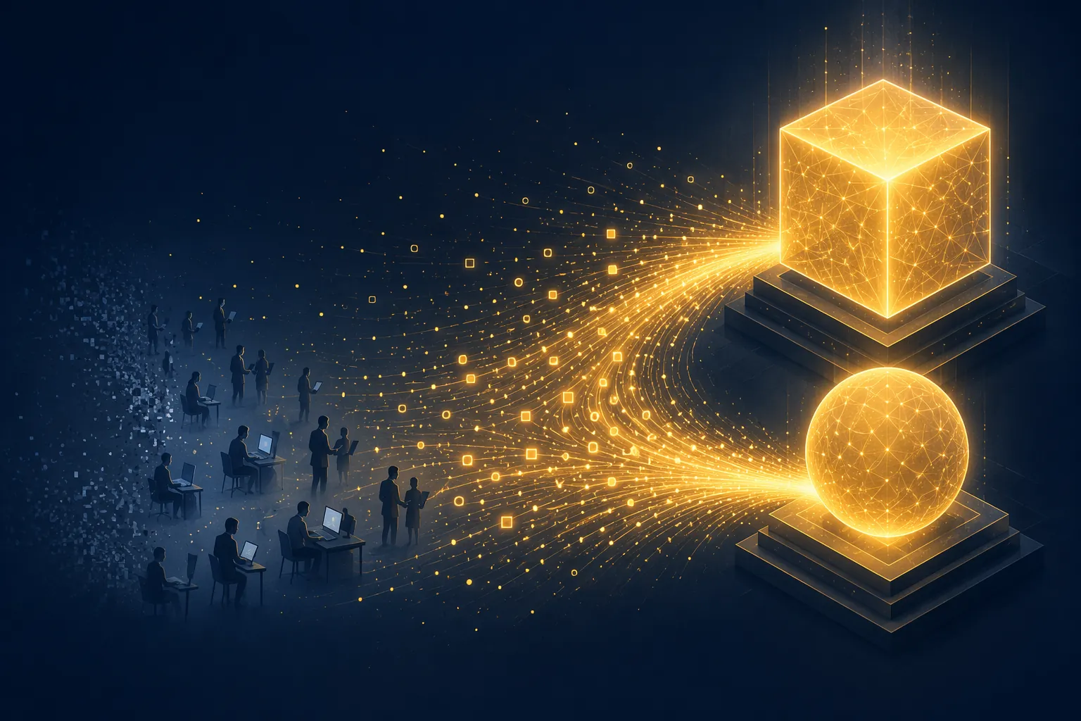 Small human silhouettes fading as glowing platform shapes grow larger and golden particles flow toward platform-owned AI systems