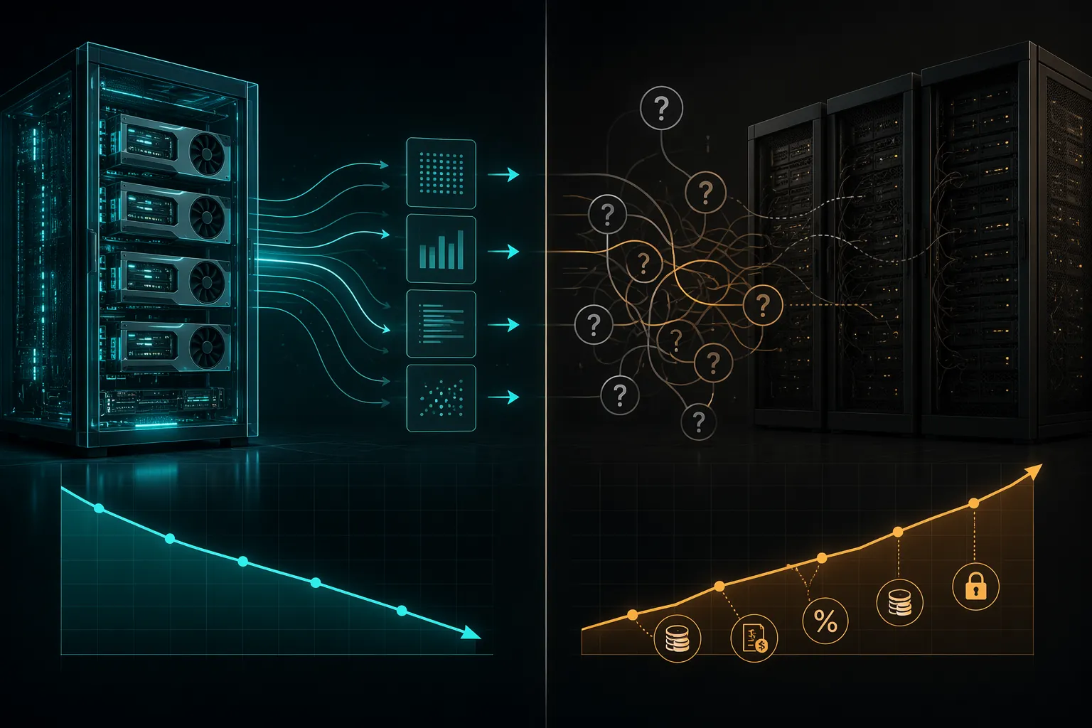 Split comparison of transparent GPU infrastructure with hidden infrastructure and rising fee indicators
