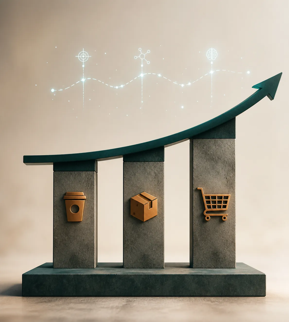 Growth curve supported by coffee, parcel, and shopping cart pillars while a faint AI ads layer floats above