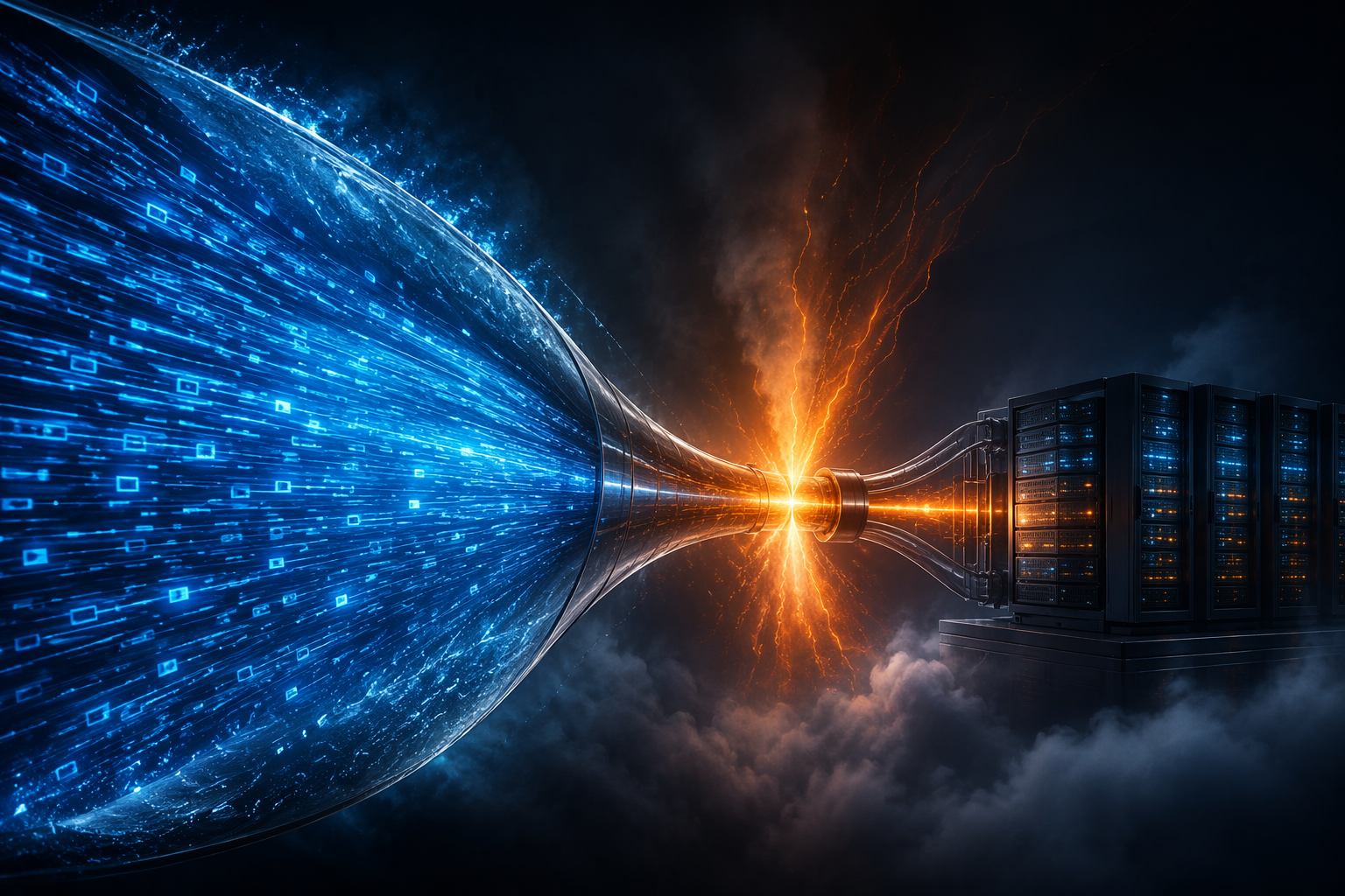 AI demand pipeline pressing through a narrow bottleneck into constrained server infrastructure