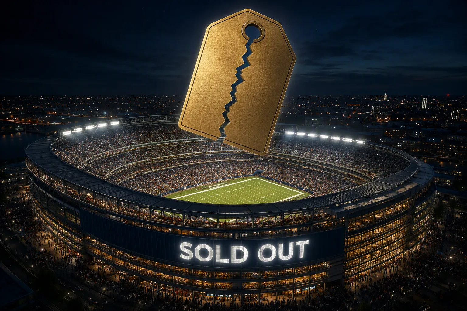 Packed football stadium at night with a glowing sold out marquee and a torn golden price tag above the field