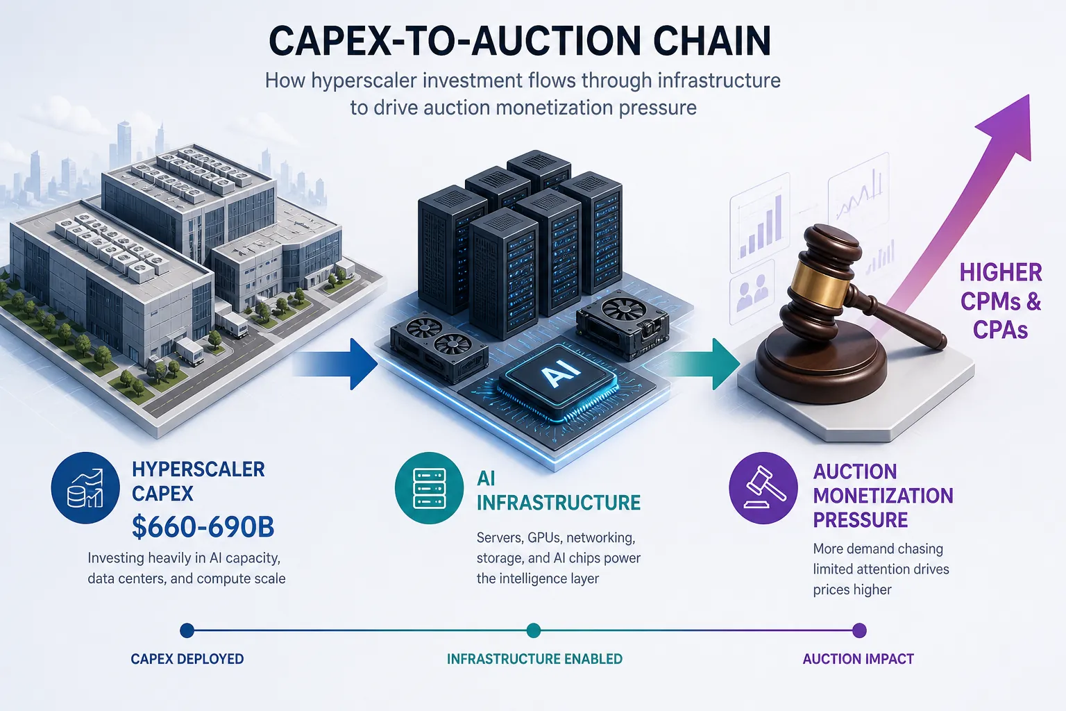 Flow from hyperscaler capex through AI infrastructure to higher CPMs and CPAs