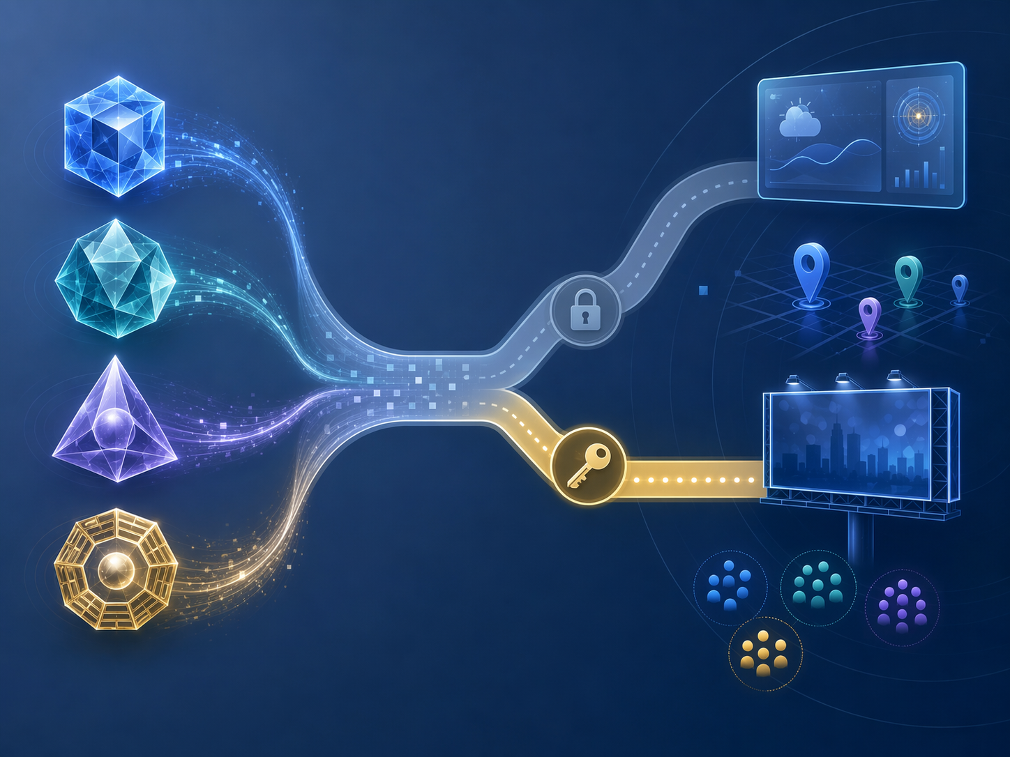 Workflow from AI weather models through commercial and non-commercial licensing paths into campaign activation