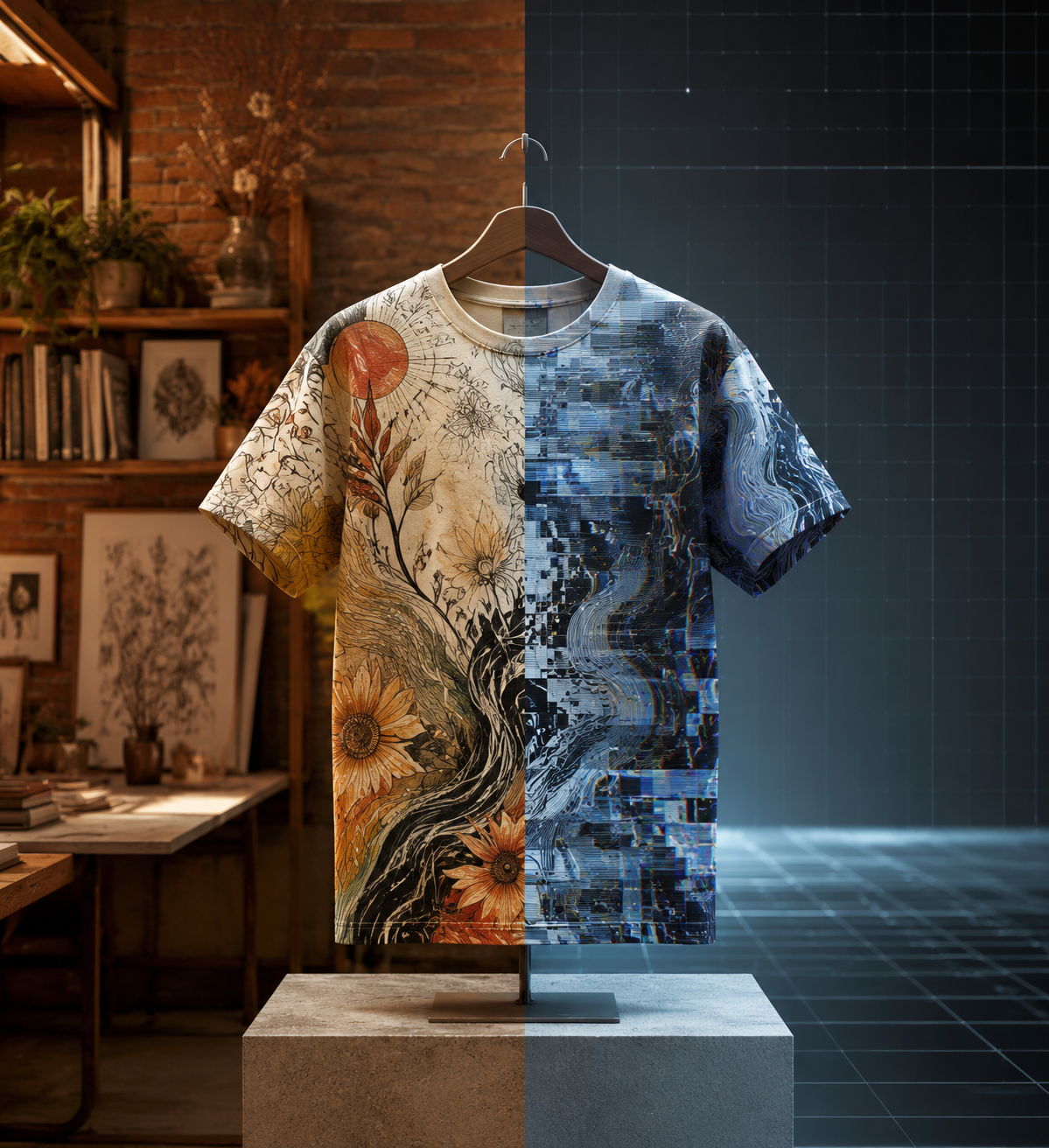 T-shirt display split between hand-drawn bookstore artwork and cold AI-like glitch patterns