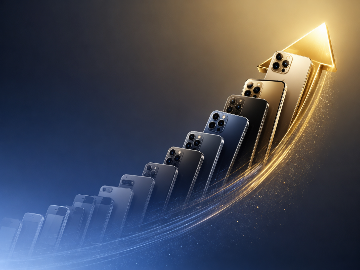 Premium smartphone silhouettes rising in a wave to represent a 12GB RAM upgrade cycle