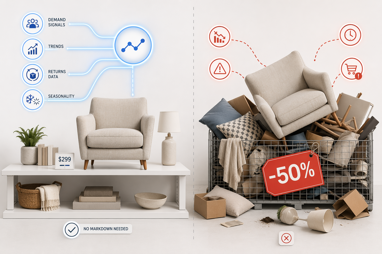 Forecast-first inventory path compared with reactive clearance for the same furniture item