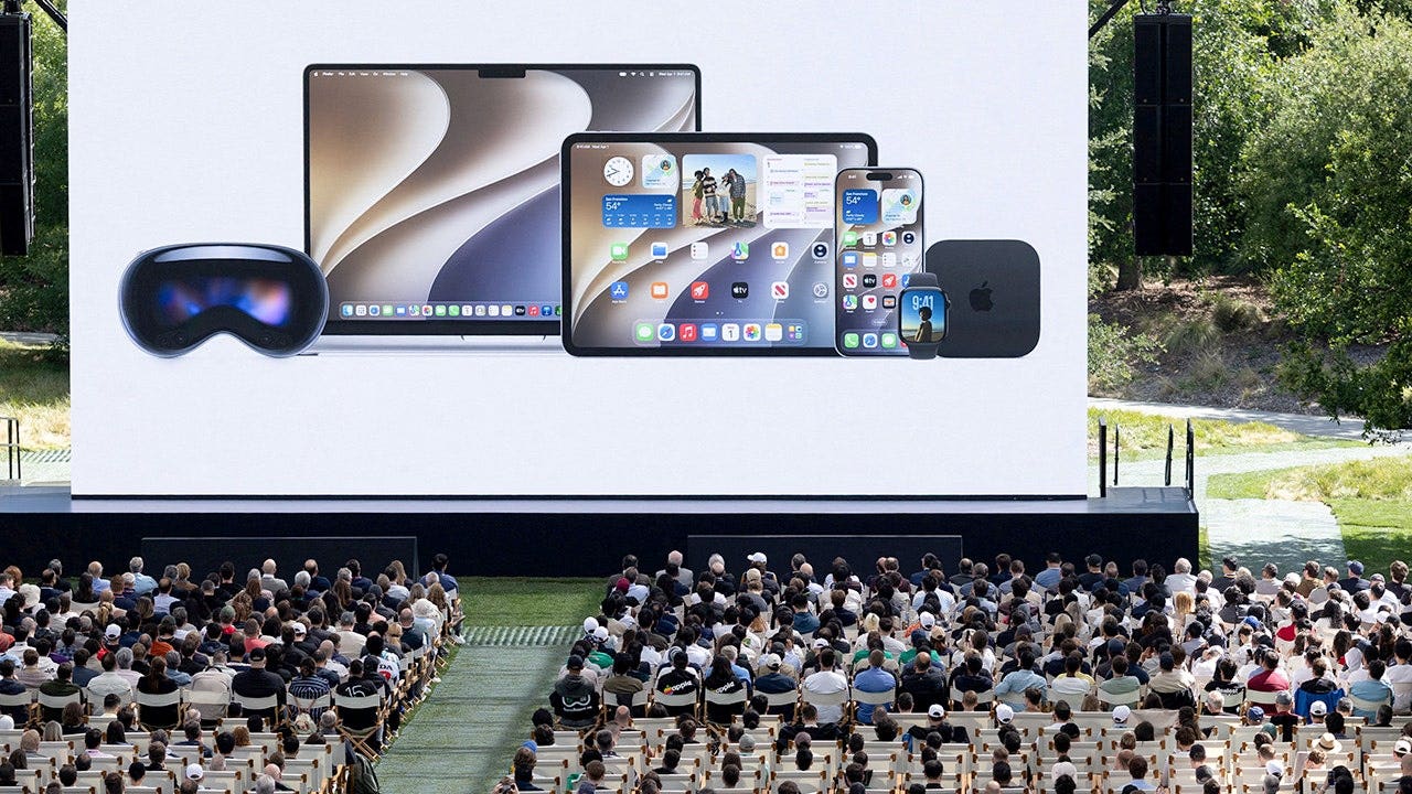 WWDC 2026 keynote stage at Apple Park with Apple Intelligence presentation