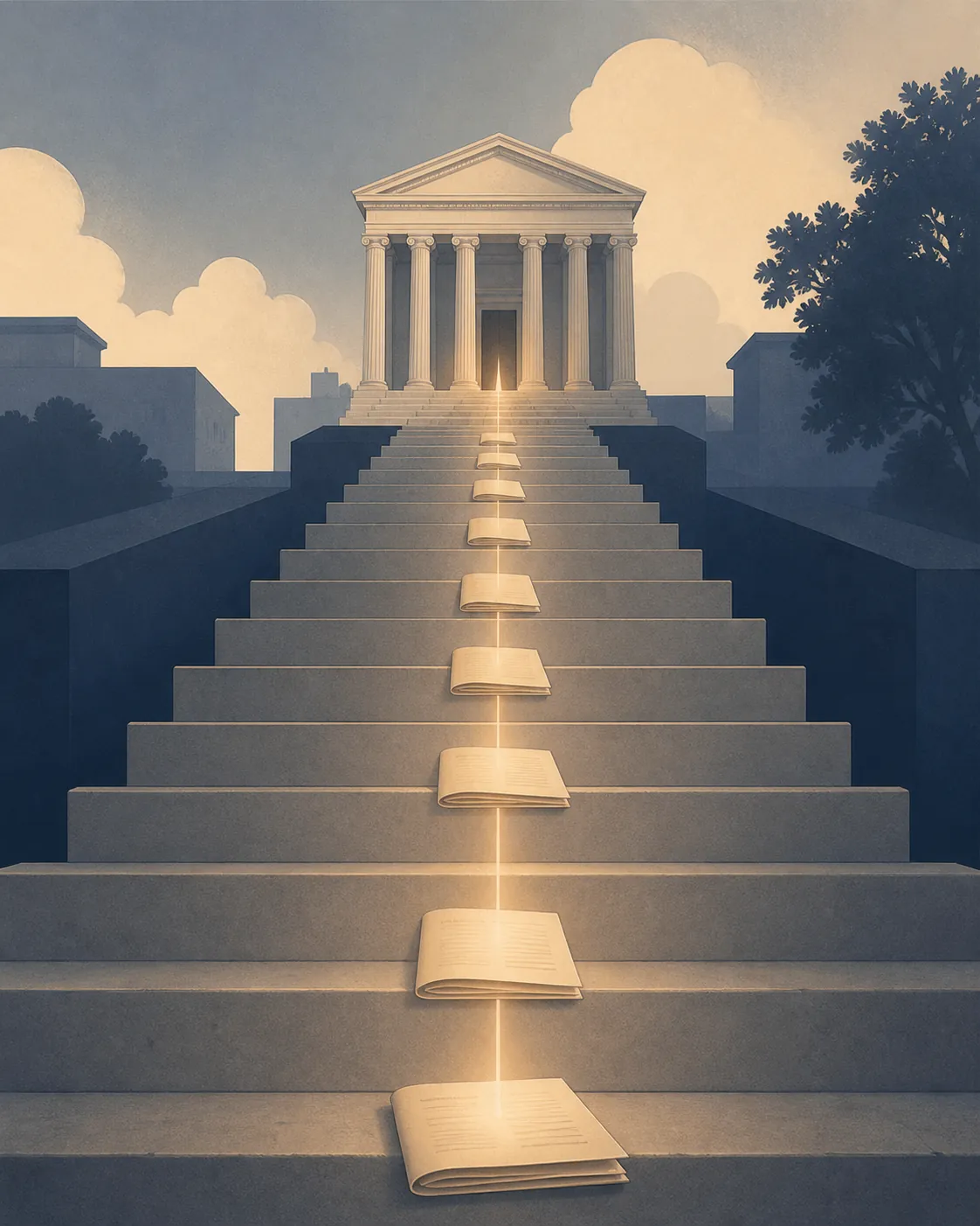 Legal documents placed on courthouse steps, representing a case moving up to an appellate court