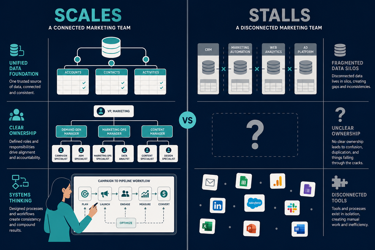 Flat vector comparison illustration with two B2B marketing teams side by side: the left 'Scales' side shows a unified data foundation with connected database nodes, clear org chart ownership, and a systems thinker designing a workflow; the right 'Stalls' side shows fragmented data silos, a question mark for ownership, and scattered disconnected tools. Navy, teal, and warm gray palette.