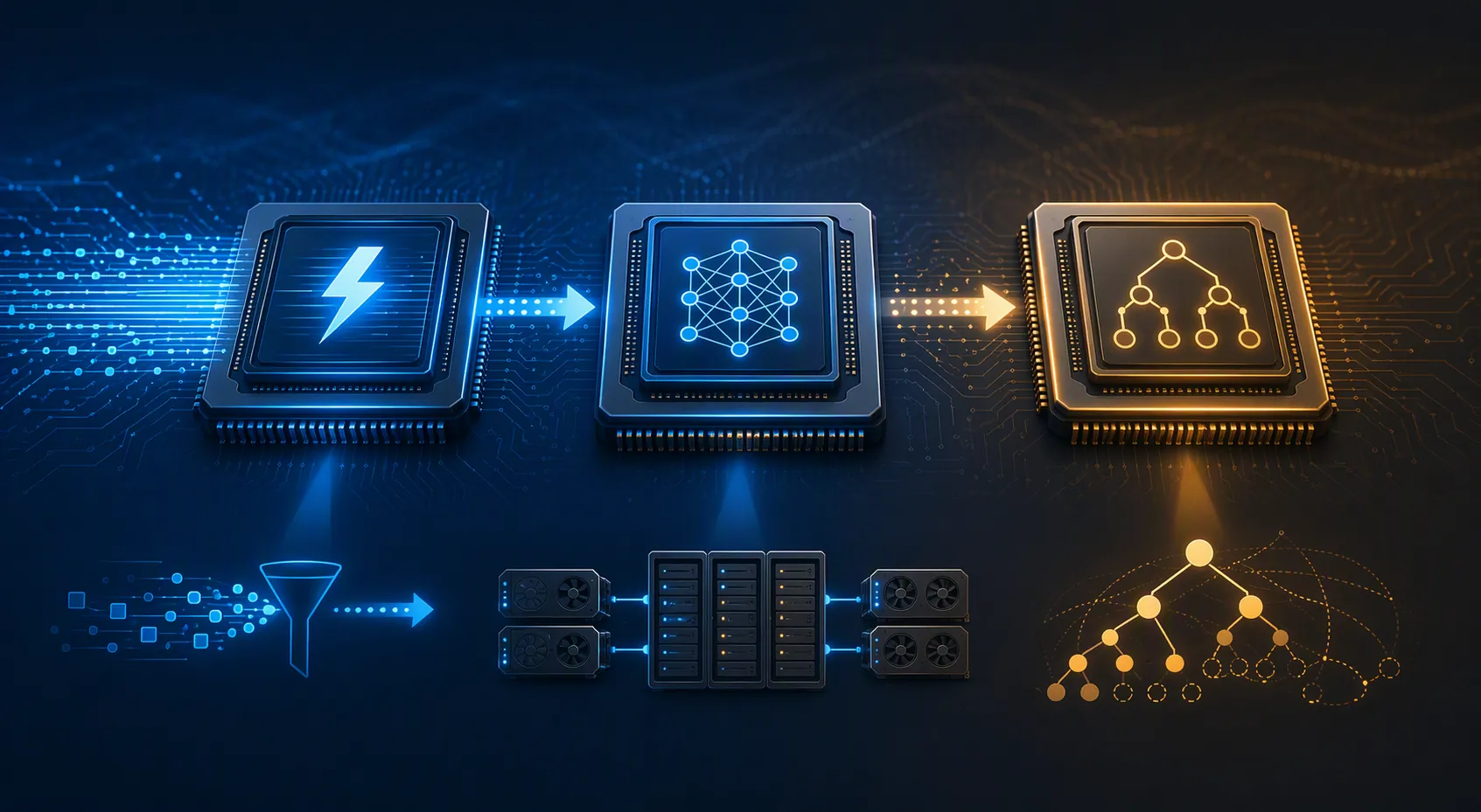 Three server chip roles for real-time bid inference, GPU host coordination, and agentic strategy simulation