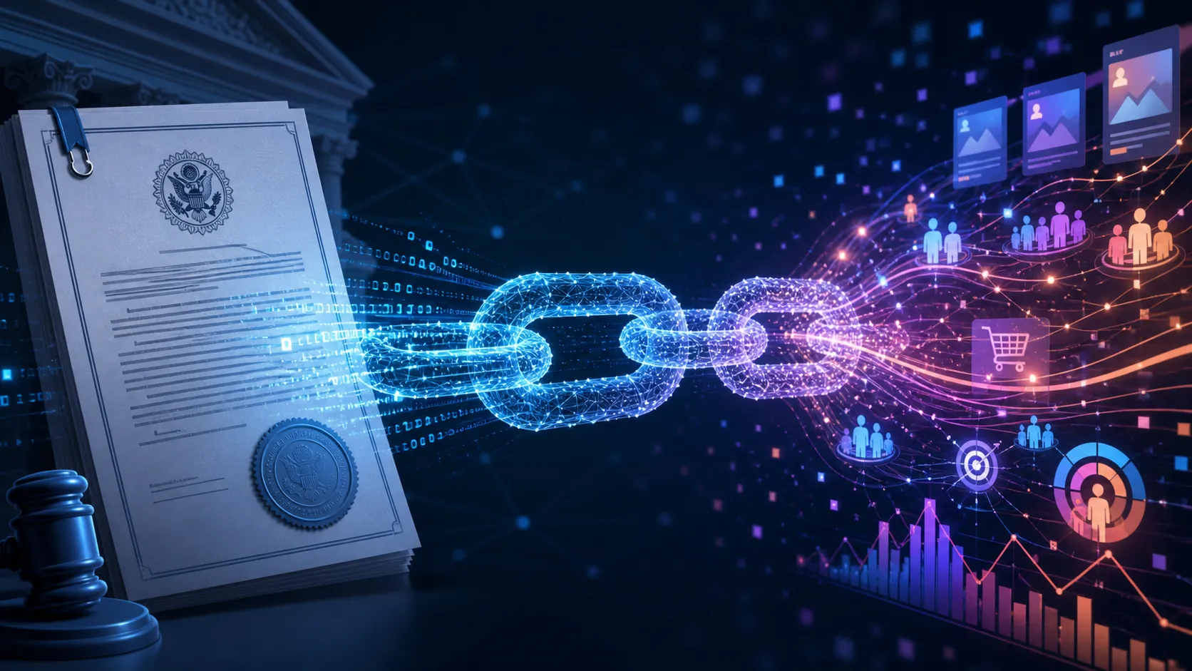 Data-stream chain connecting a government document to advertising technology systems