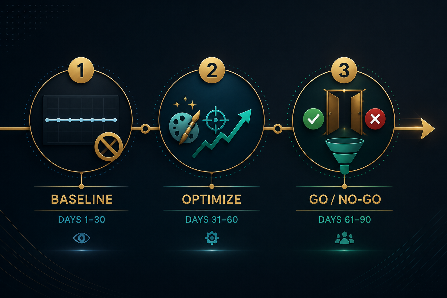 Ninety-day testing timeline with baseline, optimization, and go or no-go decision phases