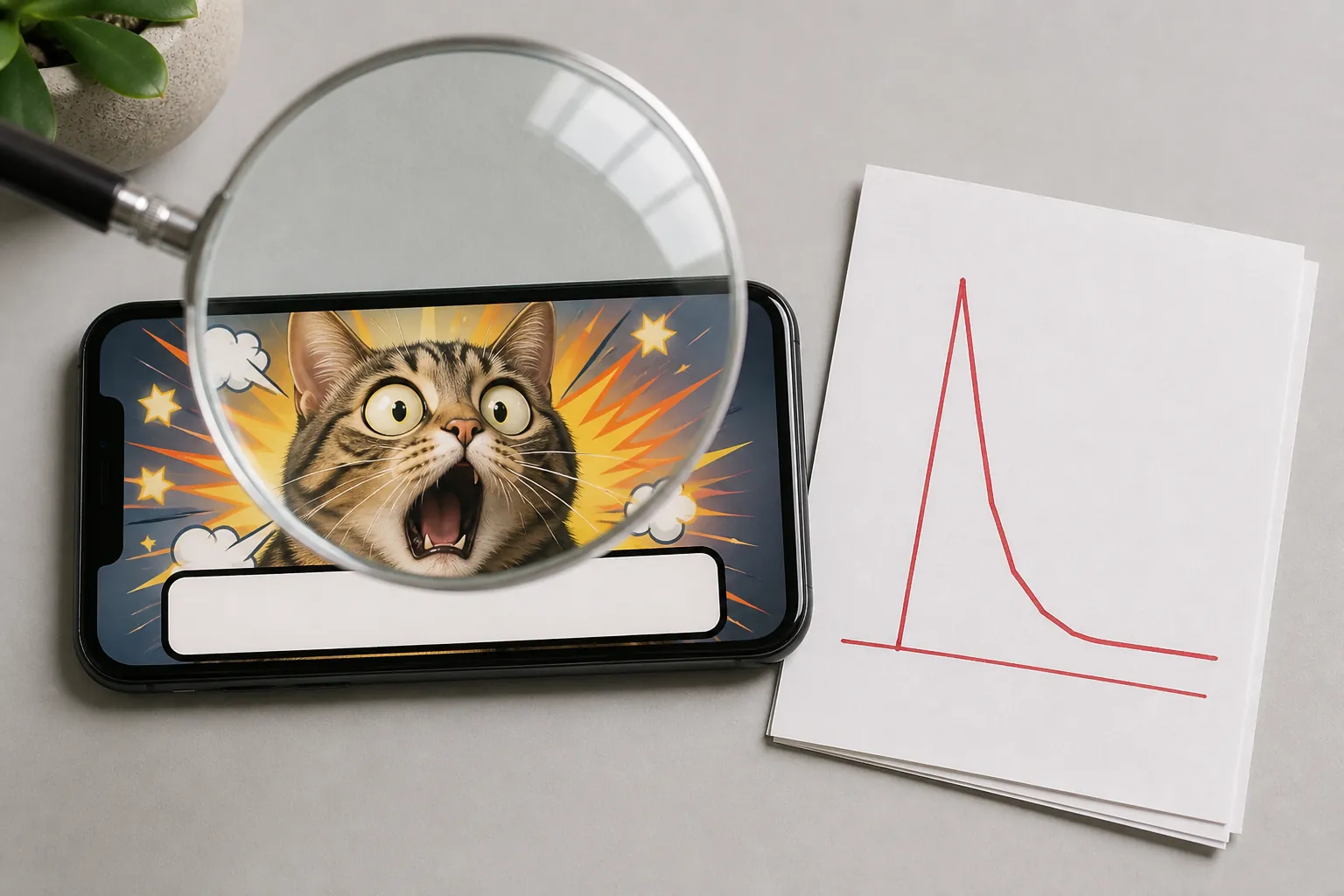 Smartphone meme ad being examined with a magnifying glass beside a chart that spikes and flattens