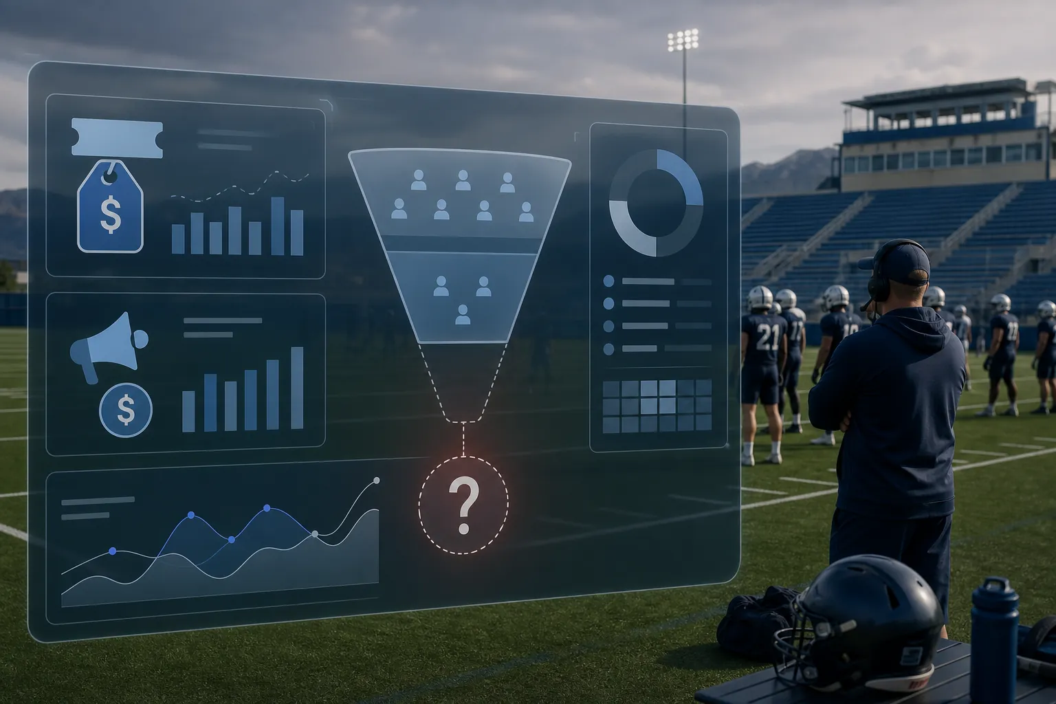 Training camp field with a digital dashboard showing free tickets, paid ad budget, and an attribution blind spot