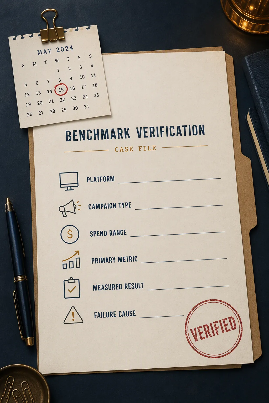 Dated benchmark verification case file with platform, spend, metric, result, and failure cause fields
