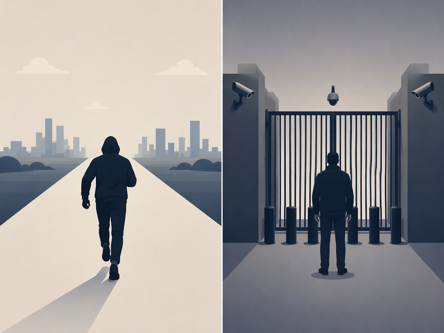 Two-panel comparison showing one figure moving freely and another stopped by a barrier, illustrating guardrail asymmetry
