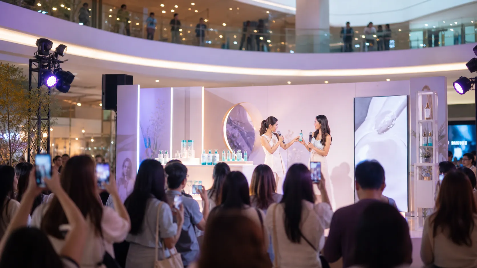 One-day beauty brand launch in a Bangkok mall atrium with stage, skincare counter, spotlights, and phones in the crowd