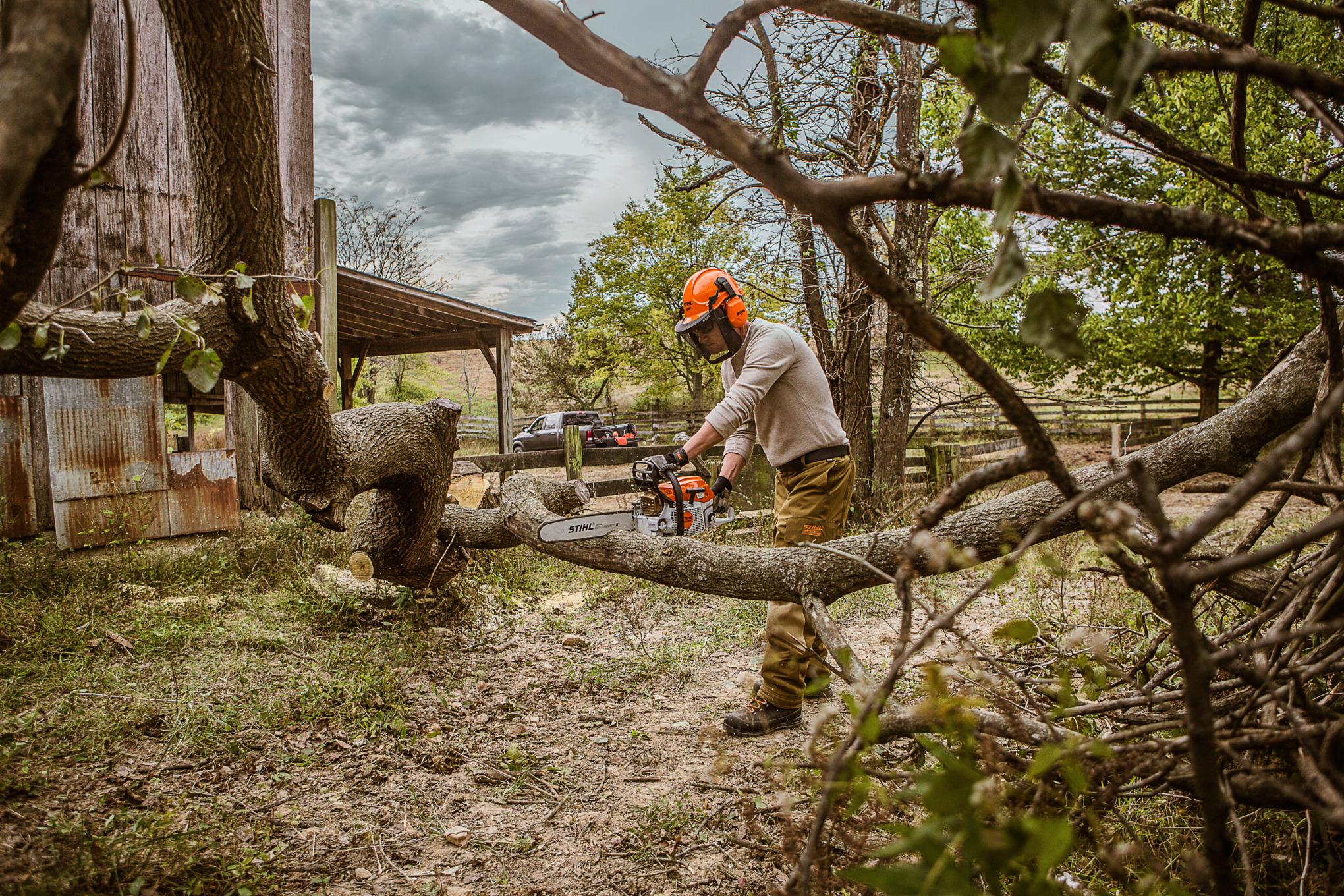 STIHL chainsaw displayed near cut logs and storm debris