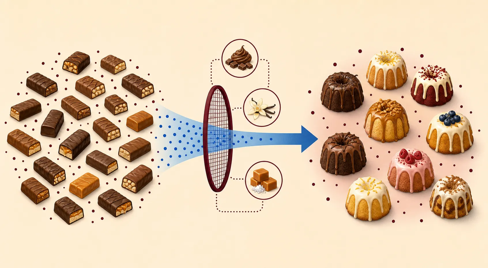 Diagram connecting candy bar buyers to bundt cake prospects