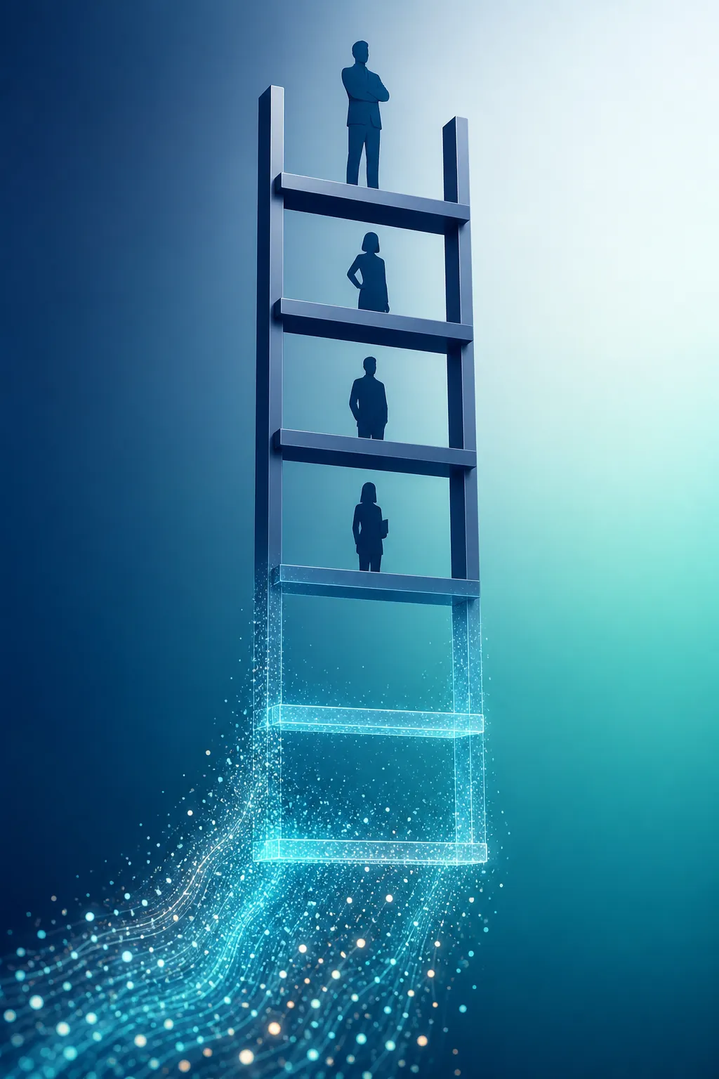 Advertising career ladder with junior rungs dissolving into AI light while senior rungs remain solid