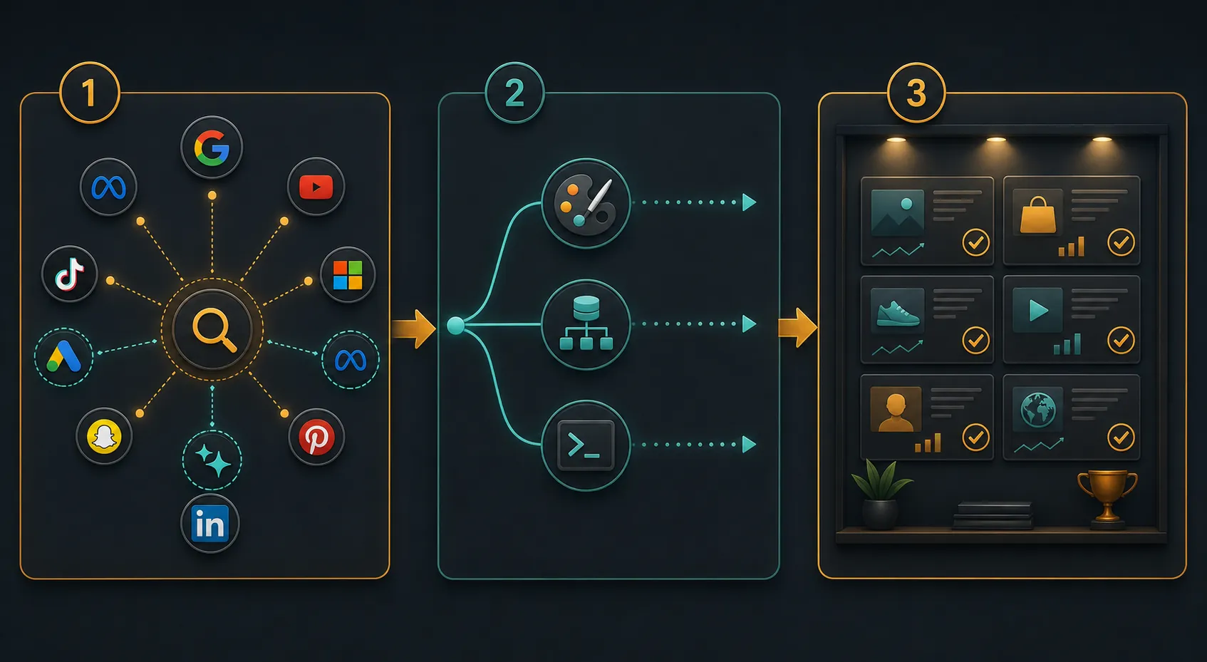 Three-phase media buyer workflow showing platform audit, specialization paths, and a campaign evidence portfolio