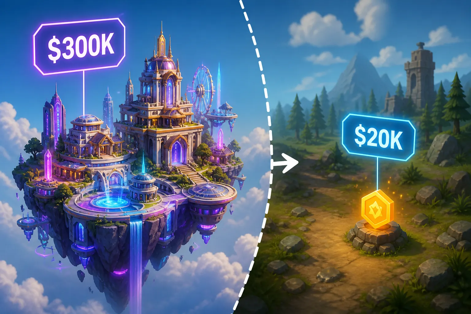 Illustration contrasting an expensive custom branded Fortnite island with a lower-cost integration inside an existing map