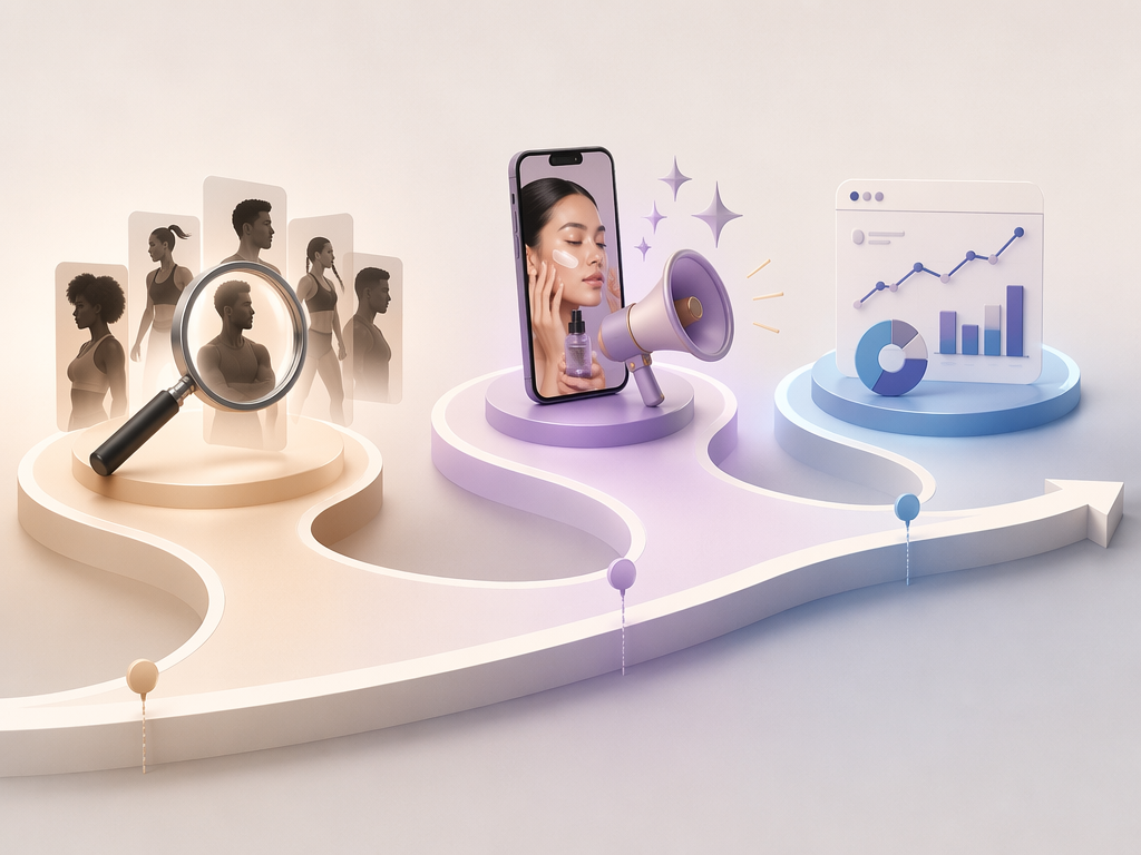 Timeline illustration showing creator selection, campaign launch, and measurement phases
